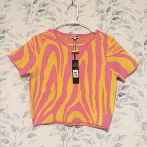 Fashion Nova Women's Zebra Print Pink And Yellow Crop Tank Top NWT Size Medium